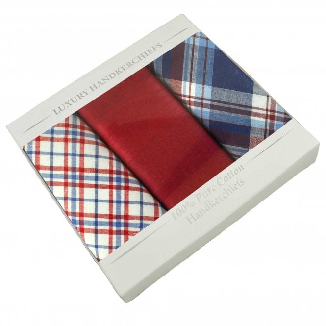 100% Cotton Men's Handkerchief 3-Pack Set - Red, Blue & White Checked