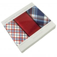 100% Cotton Men's Handkerchief 3-Pack Set - Red, Blue & White Checked