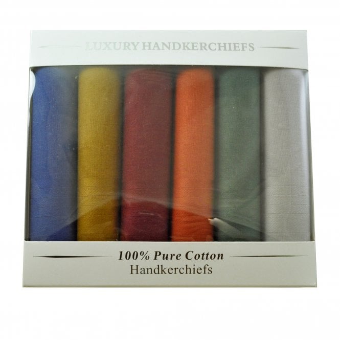 100% Cotton Men's Handkerchief 6-Pack Set - Blue, Gold, Maroon, Orange, Green & Silver Grey