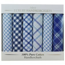 100% Cotton Men's Handkerchief 6-Pack Set - Blue & White Checked