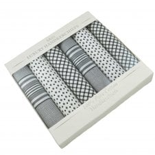 100% Cotton Men's Handkerchief 6-Pack Set - Grey, Black & White Patterned