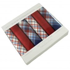 100% Cotton Men's Handkerchief 6-Pack Set - Red, Navy Blue & White Checked