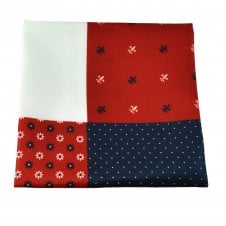 4-Way Pocket Square Handkerchief - Red, White & Navy Blue - Plain Fleur de Lis, Polka Dot & Floral Pattern