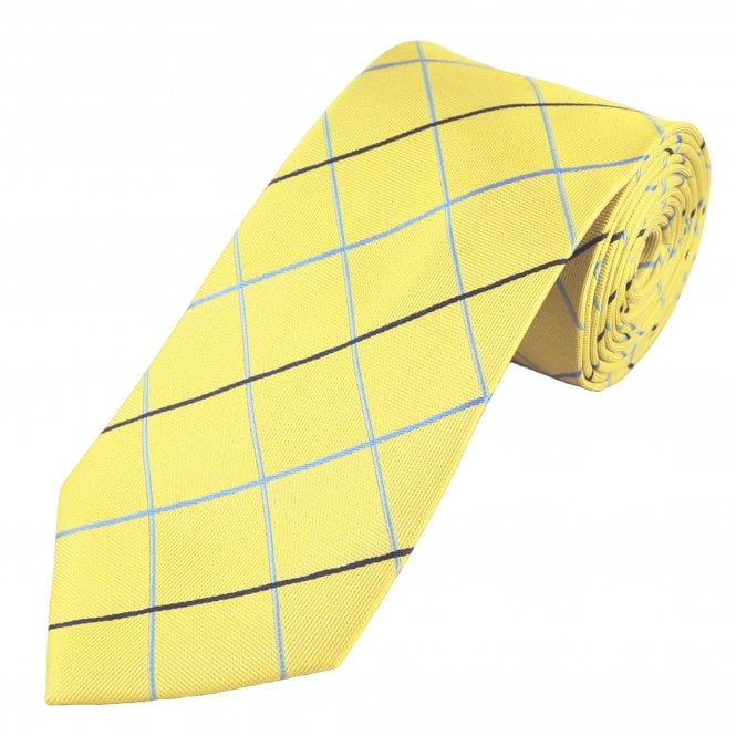 Acid Yellow, Navy, Sky & light Blue Diamond Checked Men's Extra Long Tie
