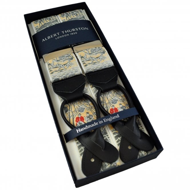 Albert Thurston Trouser Braces - Beige Hunting Themed Woven Silk with Black Leather Ends