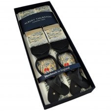 Albert Thurston Trouser Braces - Beige Hunting Themed Woven Silk with Black Leather Ends
