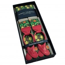 Albert Thurston Trouser Braces - Black Fruits & Flowers William Morris Cotton Fabric with Raspberry Leather Ends