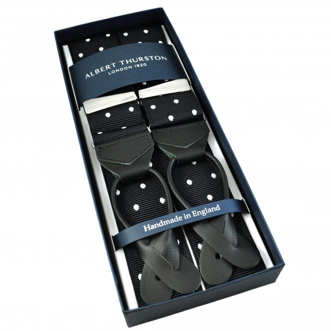 Albert Thurston Trouser Braces - Black & White Polka Dot Jacquard Ribbon with Black Leather Ends