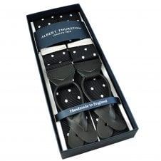 Albert Thurston Trouser Braces - Black & White Polka Dot Jacquard Ribbon with Black Leather Ends