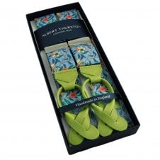 Albert Thurston Trouser Braces - Blue Fruits & Flowers William Morris Cotton Fabric with Green Leather Ends