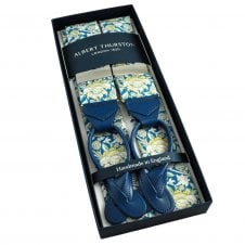 Albert Thurston Trouser Braces - Blue, Ivory & Yellow Floral Pattern William Morris Cotton Fabric with Dark Blue Leather Ends