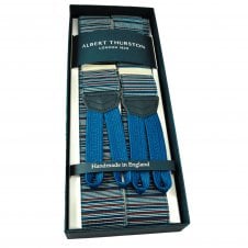 Albert Thurston Trouser Braces - Blue, Red & White Horizontal Stripe with Navy Leather and Braid Ends
