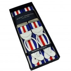 Albert Thurston Trouser Braces - Blue, White & Red Stripe with White Leather Ends