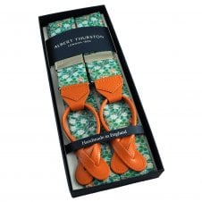 Albert Thurston Trouser Braces - Blue with Multi Coloured Floral Pattern William Morris Cotton Fabric with Orange Leather Ends