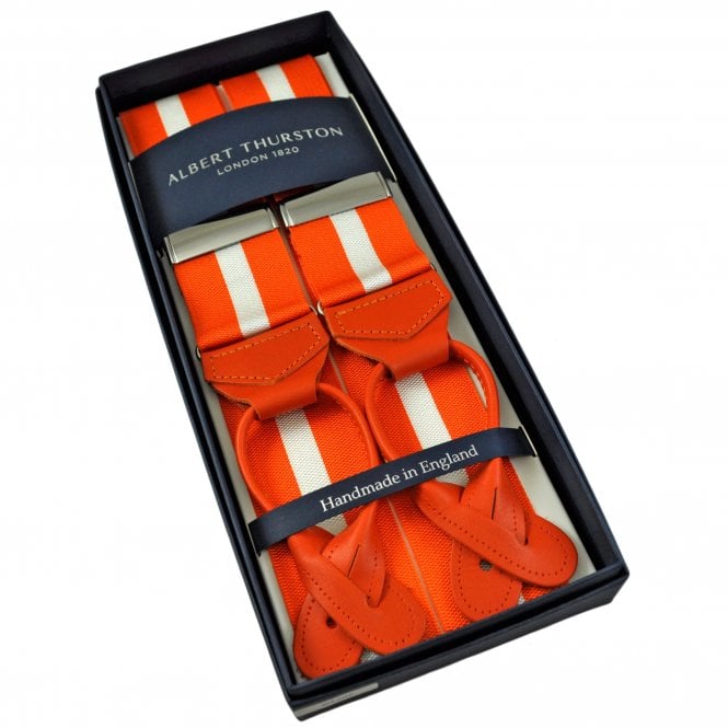 Albert Thurston Trouser Braces - Bright Orange & White Stripe Barathea Ribbon with Orange Leather Ends