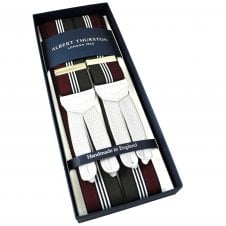 Albert Thurston Trouser Braces - Burgundy, Dark Green & White Stripe with White Leather and Braid Ends