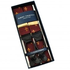 Albert Thurston Trouser Braces - Burgundy & Gold Fleur de Lys Woven Jacquard Ribbon with Black Leather Ends