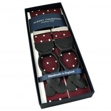 Albert Thurston Trouser Braces - Burgundy & White Polka Dot Jacquard Ribbon with Black Leather Ends