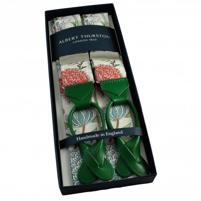 Albert Thurston Trouser Braces - Cream Floral Pattern William Morris Cotton Fabric with Green Leather Ends