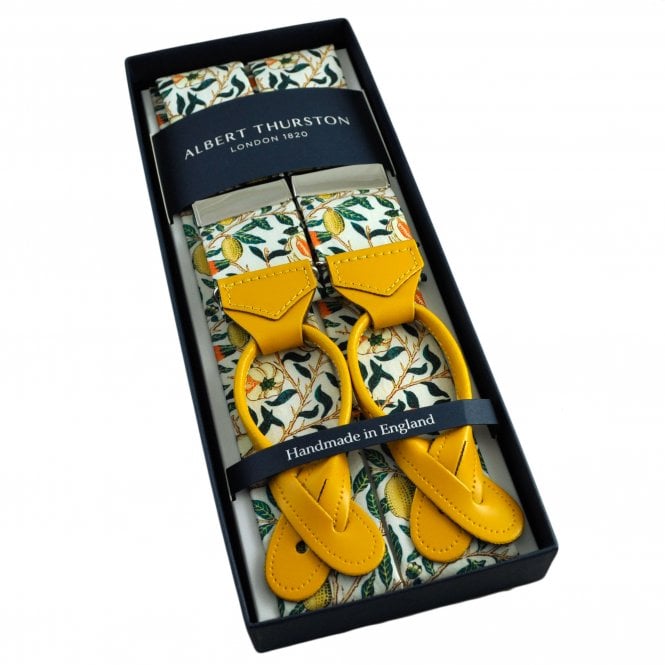 Albert Thurston Trouser Braces - Cream Fruits & Flowers William Morris Cotton Fabric with Yellow Leather Ends