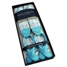 Albert Thurston Trouser Braces - Cream with Blue Floral Pattern William Morris Cotton Fabric with Blue Leather Ends