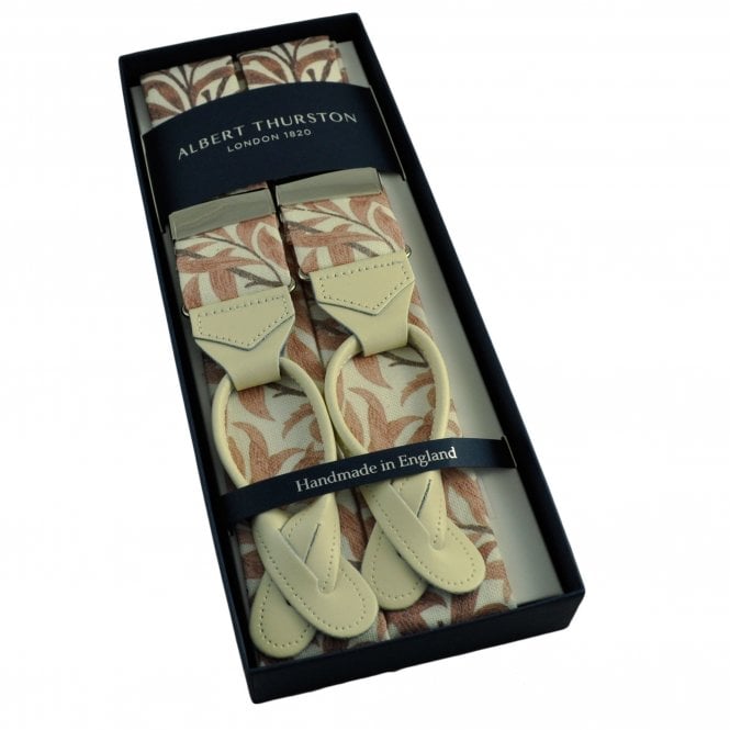 Albert Thurston Trouser Braces - Cream with Brown Floral Pattern William Morris Cotton Fabric with Cream Leather Ends
