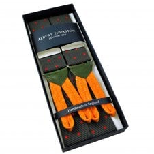 Albert Thurston Trouser Braces - Dark Green & Red Polka Dot Jacquard Ribbon with Green Leather and Orange Braid Ends