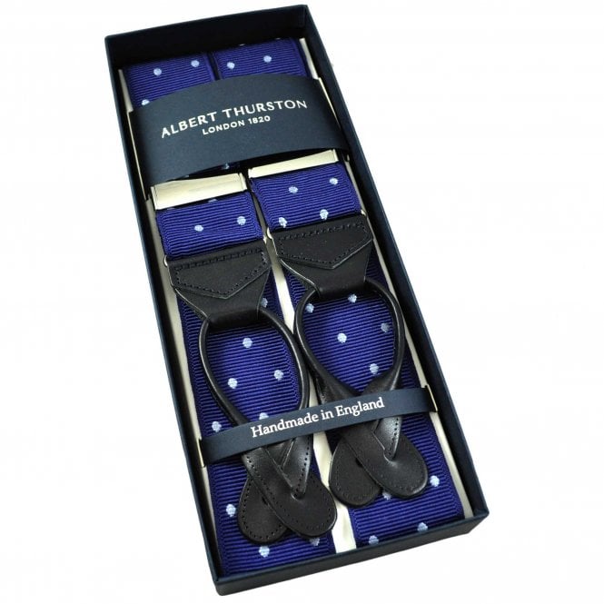 Albert Thurston Trouser Braces - Dark Royal & Pale Blue Polka Dot Jacquard Ribbon with Black Leather Ends