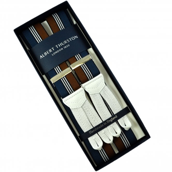 Albert Thurston Trouser Braces - French Navy, Brown, Black & White Striped Barathea Ribbon with White Leather & Braid Ends