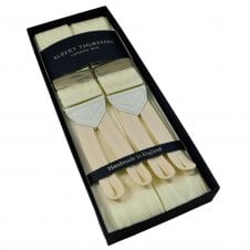 Albert Thurston Trouser Braces - Ivory Moiré with White Leather and Ivory Braid Ends - Silver Sliders
