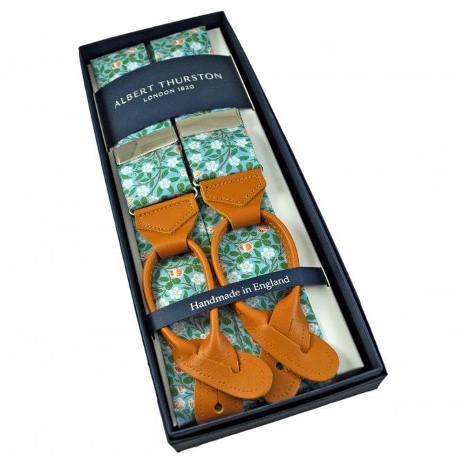 Albert Thurston Trouser Braces - Light Blue, White, Orange Red & Green Floral William Morris Cotton Fabric with Brown Leather Ends