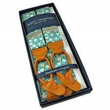 Albert Thurston Trouser Braces - Light Blue, White, Orange Red & Green Floral William Morris Cotton Fabric with Brown Leather Ends