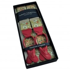 Albert Thurston Trouser Braces - Multi Coloured Floral Pattern William Morris Cotton Fabric with Raspberry Leather Ends