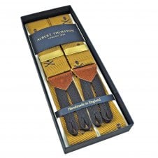 Albert Thurston Trouser Braces - Mustard Gold with Navy Blue Skulls Woven Jacquard Ribbon with Tan Leather and Navy Braid Ends