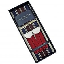 Albert Thurston Trouser Braces - Navy Blue, Burgundy, Black & White Striped Barathea Ribbon with White Leather & Wine Red Braid Ends
