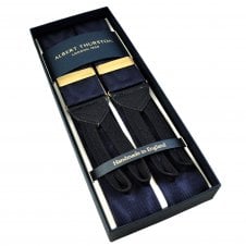 Albert Thurston Trouser Braces - Navy Blue Moiré with Navy Leather and Braid Ends