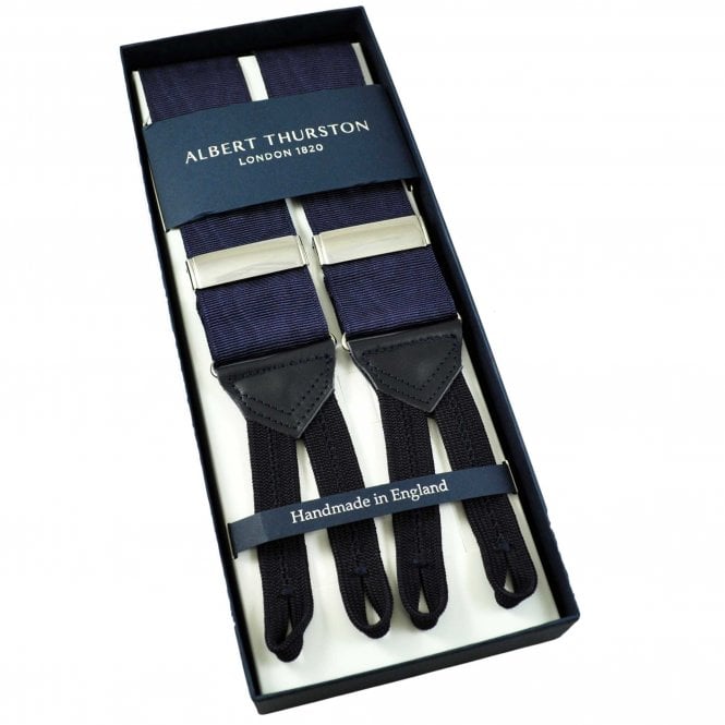 Albert Thurston Trouser Braces - Navy Blue Moiré with Silver Sliders, Navy Leather and Navy Braid Ends