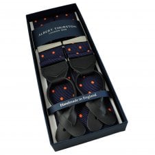 Albert Thurston Trouser Braces - Navy Blue & Orange Polka Dot Jacquard Ribbon with Black Leather Ends