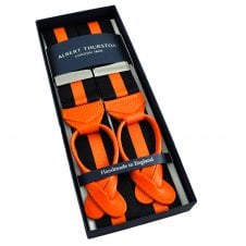 Albert Thurston Trouser Braces - Navy Blue & Orange Stripe Barathea Ribbon with Orange Leather Ends