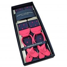 Albert Thurston Trouser Braces - Navy Blue & Pink Polka Dot Jacquard Ribbon with Pink Leather Ends