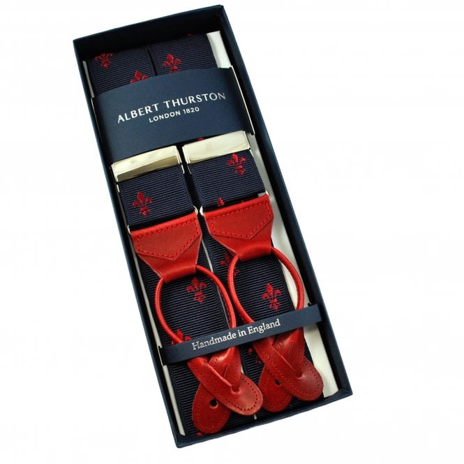 Albert Thurston Trouser Braces - Navy Blue & Red Fleur de Lys Woven Jacquard Ribbon with Red Leather Ends