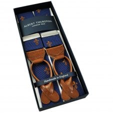 Albert Thurston Trouser Braces - Navy Blue & Rust Orange Fleur de Lys Woven Jacquard Ribbon with Tan Leather Ends