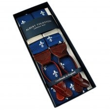 Albert Thurston Trouser Braces - Navy Blue & Silver Fleur de Lys Woven Jacquard Ribbon with Wine Red Leather Ends