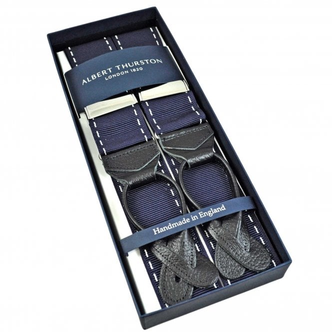 Albert Thurston Trouser Braces - Navy Blue & White Barathea Ribbon with Black Leather Ends