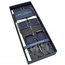 Albert Thurston Trouser Braces - Navy Blue & White Barathea Ribbon with Black Leather Ends