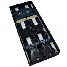 Albert Thurston Trouser Braces - Navy Blue & White Stripe Barathea Ribbon with Black Leather Ends