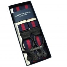 Albert Thurston Trouser Braces - Navy Blue & Wine Red Stripe Barathea Ribbon with Black Leather Ends