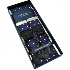 Albert Thurston Trouser Braces - Navy & White Polka Dot Jacquard Ribbon with Black Leather Ends