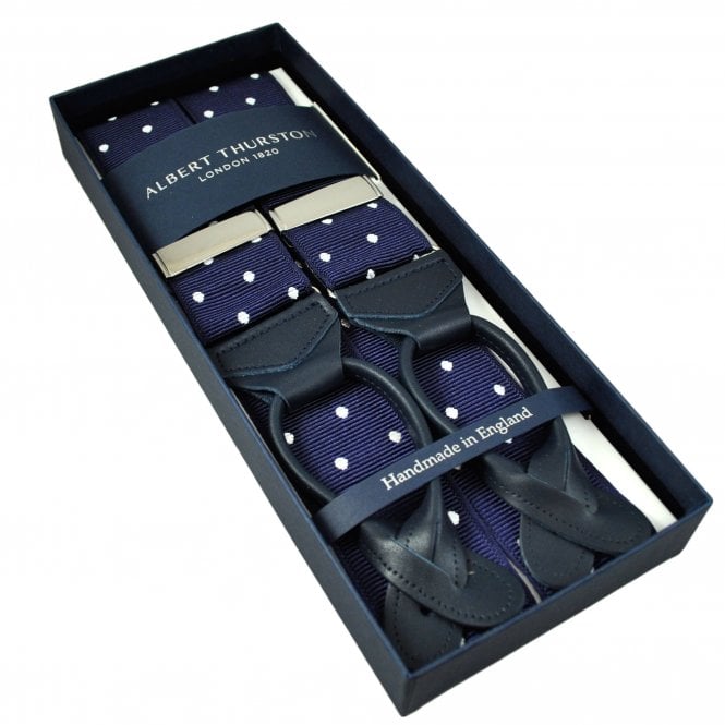 Albert Thurston Trouser Braces - Navy & White Polka Dot Jacquard Ribbon with Navy Leather Ends