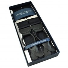 Albert Thurston Trouser Braces - Plain Black Woven Rigid Ribbon with Black Leather Ends